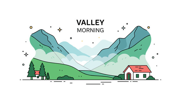 Valley misty morning concept where soft fog fills a green valley between mountains while tiny sparkle and star icons highlight calm, natural beauty, and