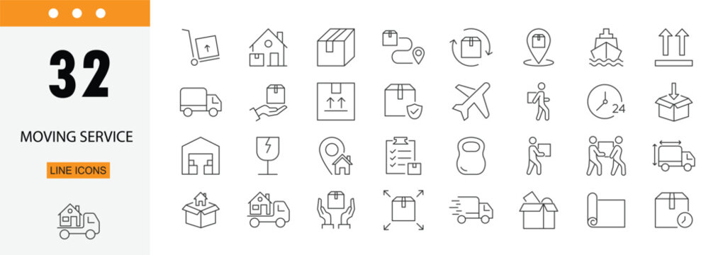 Moving service icons set representing relocation, packing, boxes, truck, delivery, logistics and home shifting services. Editable Stroke.