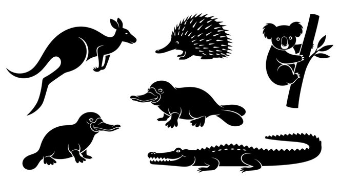 Australian Wildlife Silhouettes - Kangaroo, Echidna, Koala, Platypus, and Crocodile.