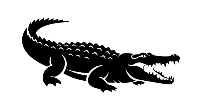 Black silhouette of a powerful crocodile with open jaws.