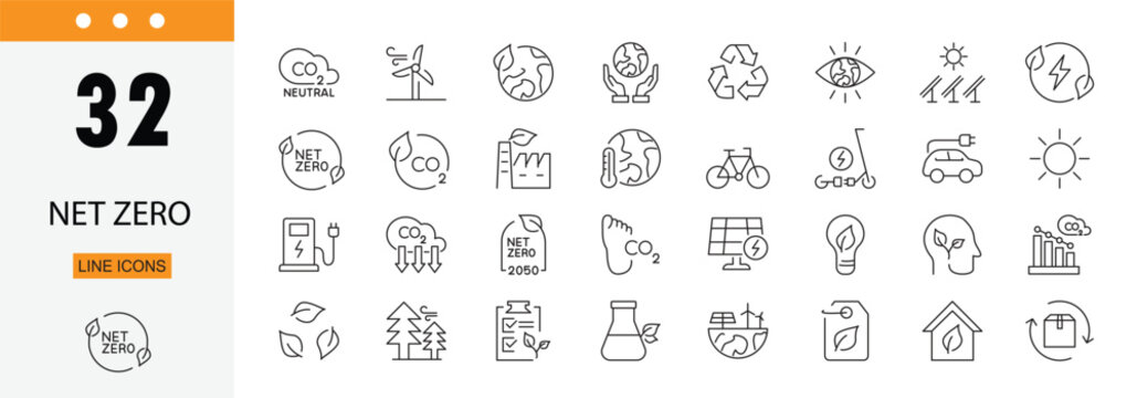 Net zero icons set representing carbon neutrality, emission reduction, sustainability, green energy, climate action and eco friendly practices. Editable Stroke.