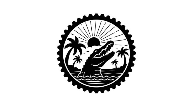 Alligator in water with palm trees and sun in a circular badge design.