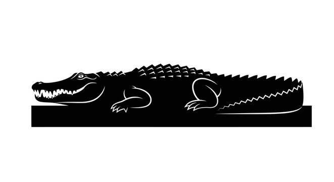 Black silhouette of an alligator or crocodile, a powerful reptile, resting on a flat surface, showcasing its sharp teeth and scaly skin in a striking monochrome