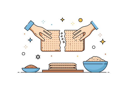 Passover traditions matzah preparation concept where hands break and serve matzah while tiny sparkle and star icons highlight ritual, heritage, and culinary