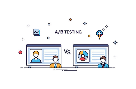 A/B testing chart product feature analysis scene where two interface options are compared while tiny sparkle and star icons highlight insight, testing, and