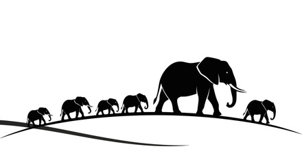 Elephant family walking in a line, black silhouettes on white background. © galang