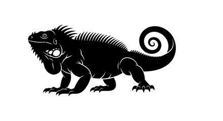 Fototapeta premium Black silhouette of an iguana on a white background, a detailed illustration of a lizard with a curled tail and spiky back, showcasing its unique reptilian feat