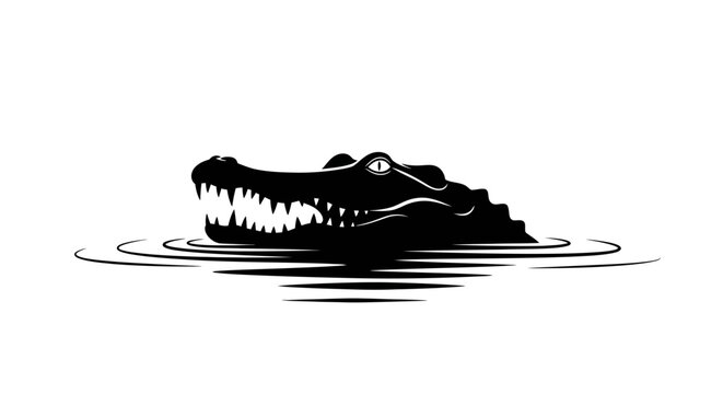 Alligator or crocodile head emerging from water, black and white illustration.