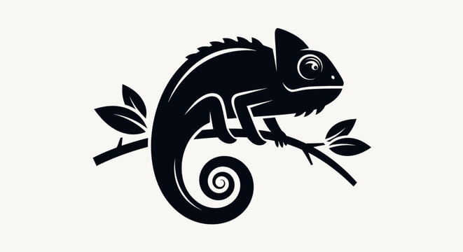Chameleon silhouette perched on a branch, black and white illustration.