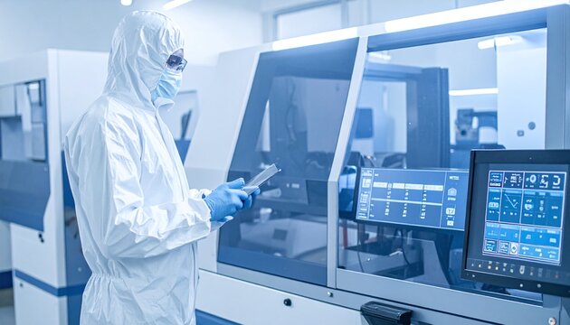 Technician in a sterile cleanroom suit monitors advanced automated machinery using a digital tablet. Ideal for hightech manufacturing, pharmaceutical, and biotechnology industry themes.