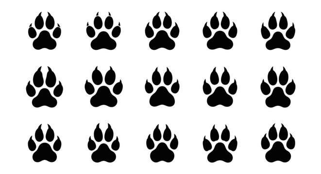 Black paw prints on a white background, arranged in a grid pattern, showcasing animal tracks.