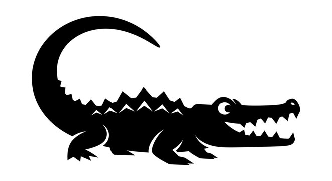 Black silhouette of a cartoon crocodile or alligator with an open mouth and sharp teeth.