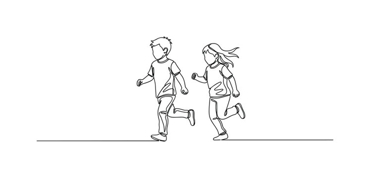 Running Siblings. Minimalistic one-line drawing two kids running across yard, continuous single black line on white background, simple outline style, no