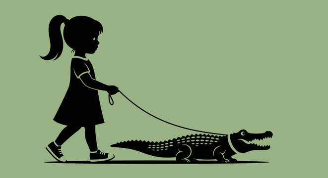 Little girl walking an alligator on a leash, a unique and whimsical scene.