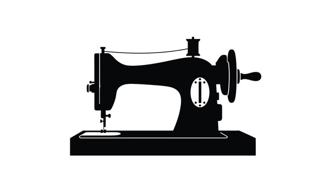 A black silhouette depicts a vintage sewing machine showcasing its classic design and mechanical elements