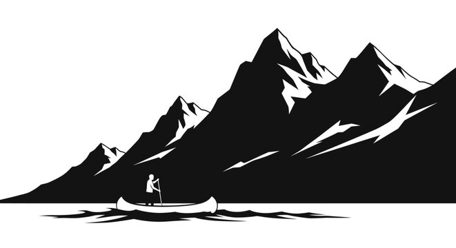 Lone figure in canoe on water with majestic mountains in background.