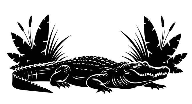 Powerful Alligator Silhouette in Lush Wetland Environment.