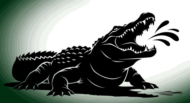 Powerful alligator silhouette roaring with open jaws and splashing water.