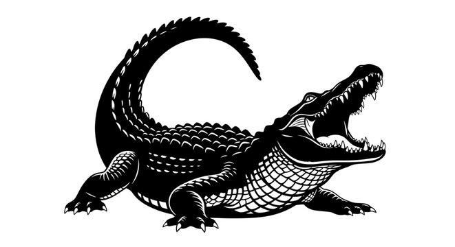 Powerful Alligator with Open Jaws Black and White Illustration.