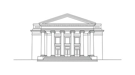Fototapeta premium Period Playhouse. Minimalistic one-line drawing exterior of antique theater with columns and entrance steps, continuous single black line on white background,