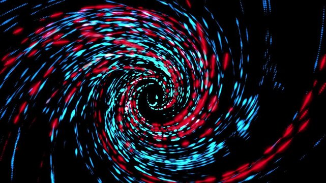 Red, blue, and cyan particles spiraling inward to form a vivid vortex on a black background. Looping Video for energy field in vortex
