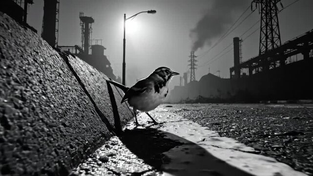 Black and white video of a small bird in front of an explosion in a desolate urban landscape