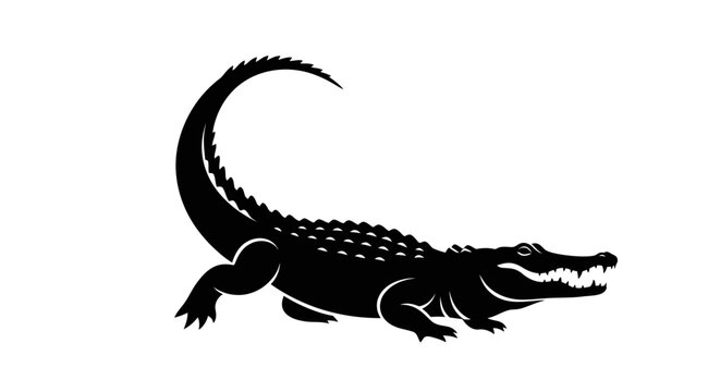 Powerful black crocodile silhouette with sharp teeth and curved tail.