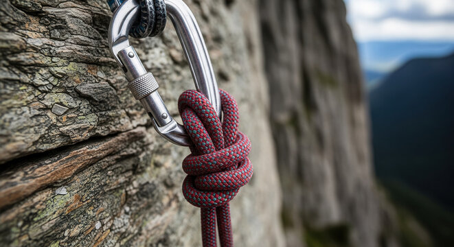 Silver carabiner with red and teal rope attached to rock wall in mountain climbing setup, safety and adventure in outdoor environment