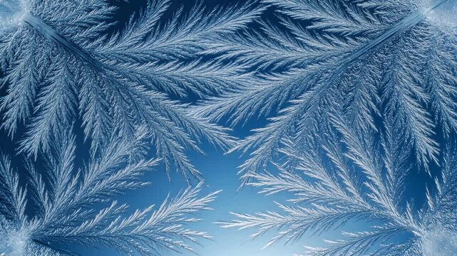 Intricate frost patterns forming on a blue gradient background abstract winter texture