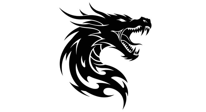 Powerful black tribal dragon head silhouette with fierce expression.