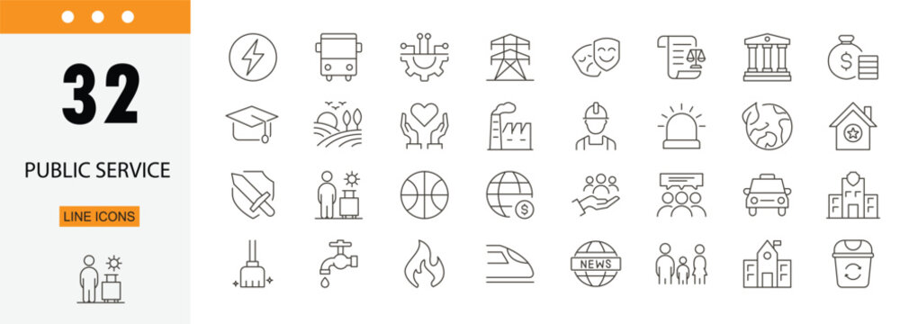 
Public utilities icons set representing water supply, electricity, gas, waste management, infrastructure services, distribution systems and essential urban facilities. Editable Stroke
