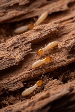 Macro close-up shot of several termites crawling through tunnels and cracks of a piece of decayed wood, illustrating a destructive pest infestation and the natural wood recycling process.
