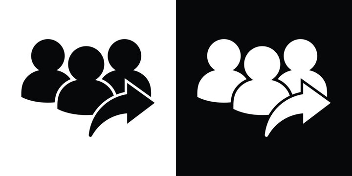 Vector flat icon showing three person silhouettes with a curved arrow. Symbolizes sharing a contact, referring a friend, team expansion, or transferring data between user profiles.