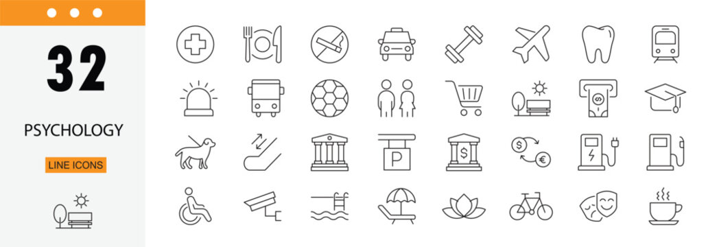 Psychology icons set representing mental health, brain, behavior, emotions, therapy, counseling, stress, thinking, personality and human mind concepts. Editable Stroke.