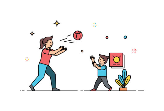 Throwing a ball catch practice scene where a child or adult throws a ball to improve coordination while tiny sparkle and star icons highlight skill, learning,