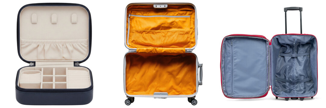 A collection of empty, open travel luggage and a jewelry case, showcasing diverse storage solutions.