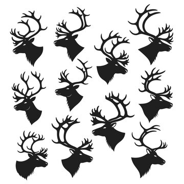 A striking collection of black deer and stag head silhouettes featuring prominent and detailed antlers, ideal for rustic hunting-themed designs, outdoor lodge branding, or nature-inspired graphic appa