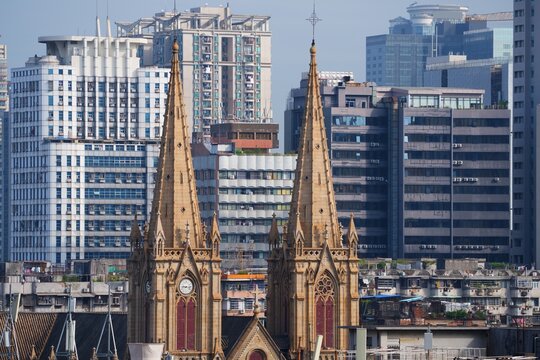 Sacred Heart Cathedral architecture in Renmin subdistrict cityscape in Yuexiu district of Guangzhou city in Guangdong, China.