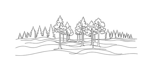 Obraz premium Forest Mystery. Minimalistic one-line drawing fog and shadows weaving between tall trees, continuous single black line on white background, simple outline