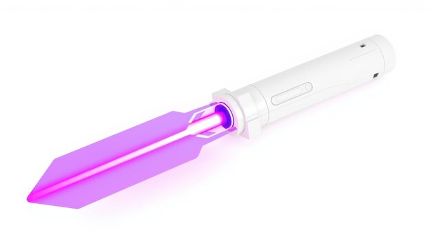 White lightsaber with vibrant purple blade. Futuristic design, sleek handle, glowing energy. Powerful weapon, scifi prop.