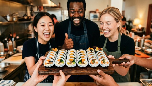 다양한 친구들이 함께 만든 완벽한 김밥을 자랑하며 기쁨을 나누는 순간