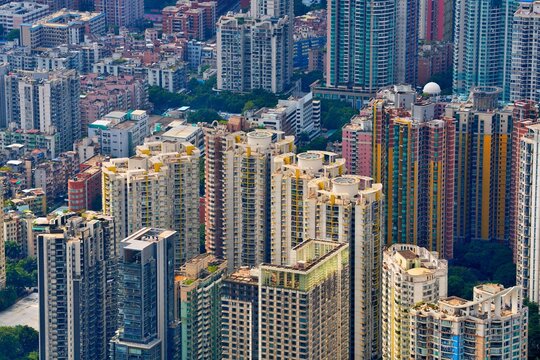 Guangzhou city view with apartment buildings of Chigang subdistrict in Yuexiu district. Guangzhou cityscape in Guangdong, China.