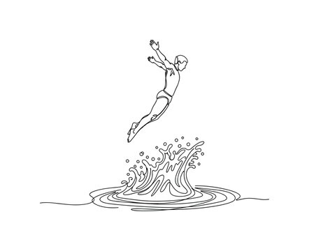 Success Plunge. Minimalistic one-line drawing individual jumping off board with water splash, continuous single black line on white background, simple outline