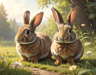 Fototapeta premium Two brown rabbits in a grassy field with flowers