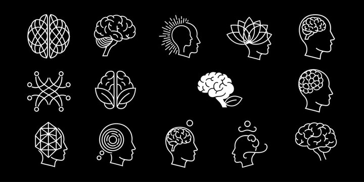 Set of minimalist mental health and psychology icons featuring white lines on a black background.