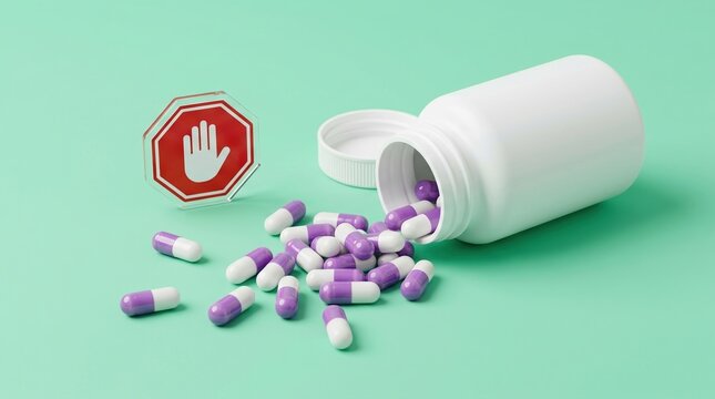 Medication pills capsules stop warning bottle drug addiction concept showing purple and white capsules spilling out next to a red stop hand sign on green background.