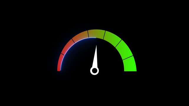 Digital speedometer icon with moving needle and rainbow color scale on black background