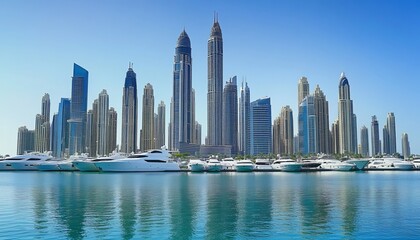Fototapeta premium Stunning Views of Dubai s Modern Skyline Featuring Iconic Skyscrapers and Serene Waters at Sunset