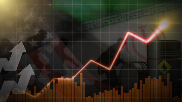 Conflict between United States and Iran is causing oil prices to rise on the stock market. Energy Crisis, High gas and oil prices, chart of rising oil prices as symbol for energy crisis.