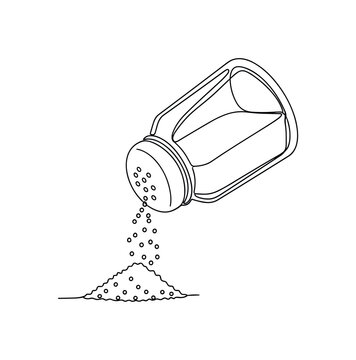 Kitchen Sprinkle. Minimalistic one-line drawing salt falling from tipped shaker, continuous single black line on white background, simple outline style, no